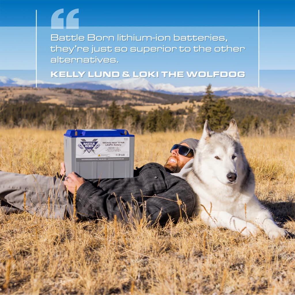 Graphic of Kelly Lund and Loki the Wolfdog with Battle Born Battery